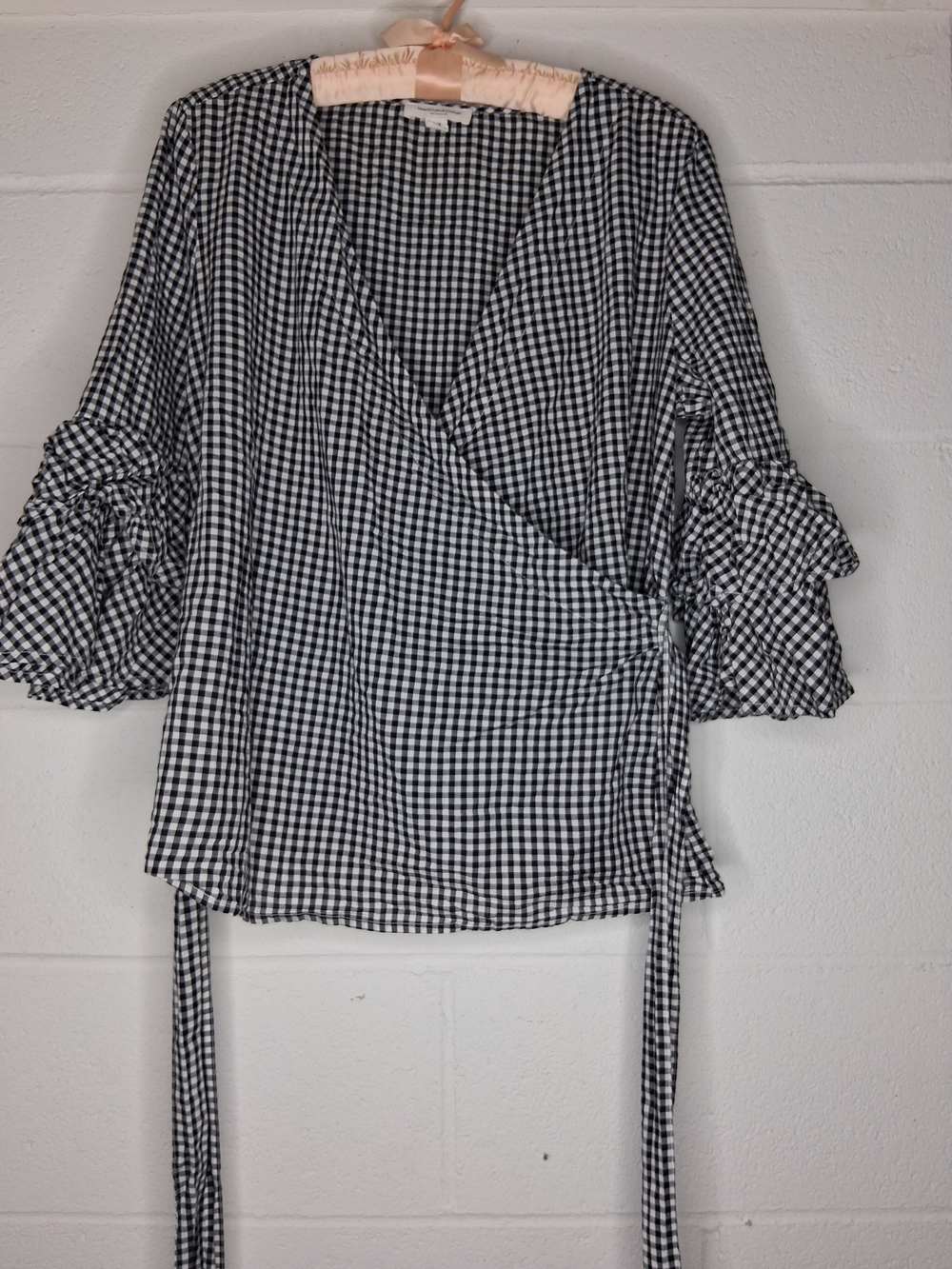 beachlunchlounge Black and White Gingham Wrap Blouse with Ruffle Sleeves
